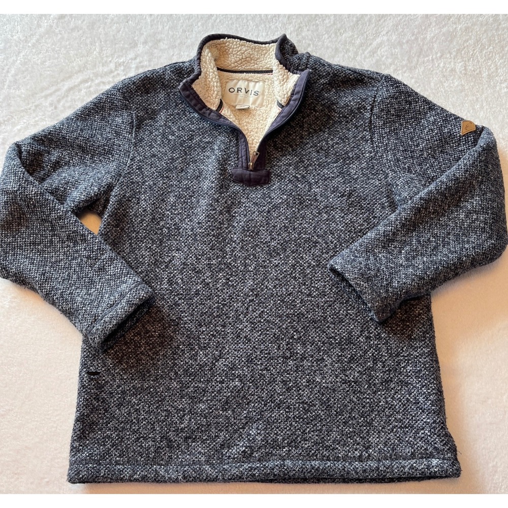 ORVIS Men's Sherpa Lined Quarter Zip Pullover Sweater‎ Textured Knit Blue M